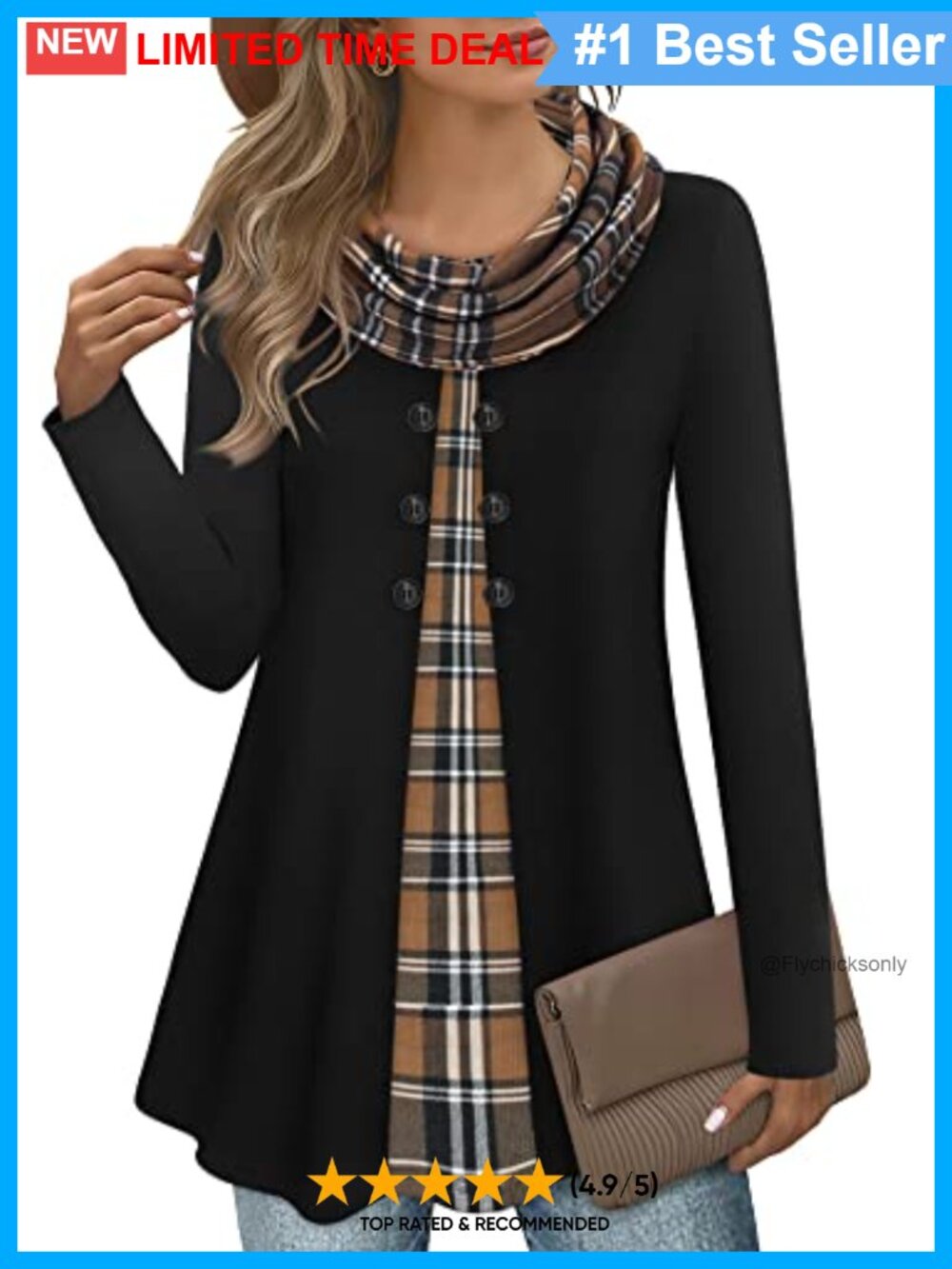 Womens Long Sleeve Cowl Neck Tunic Top Button Splicing A Line Warm